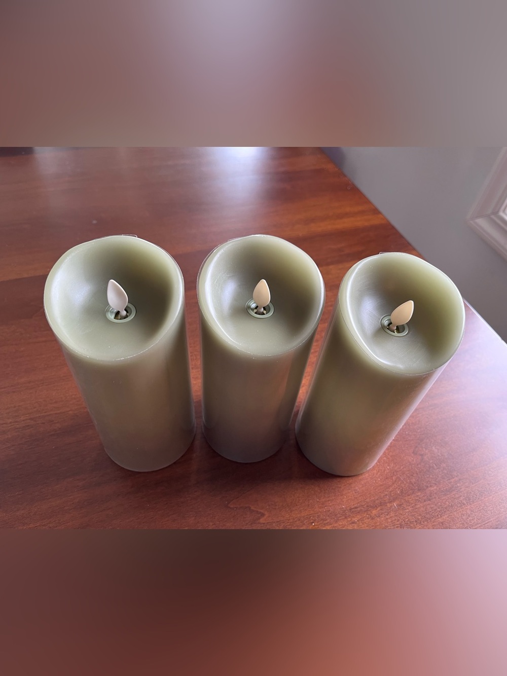 NWT Luminara Real Flame-Effect Pillar candles. Set of 3, sage.
